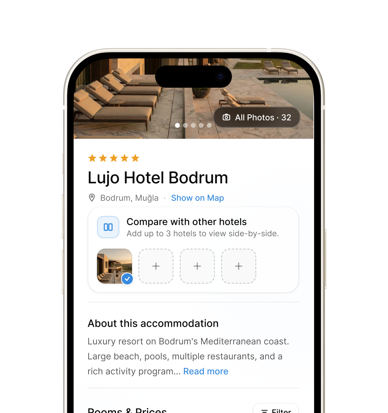 Mobile hotel detail interface.